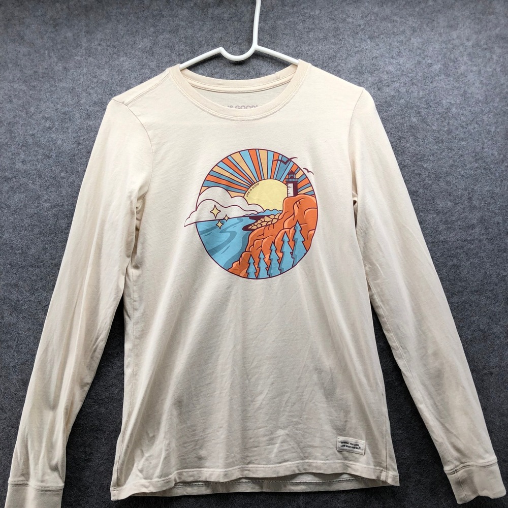Life Is Good Long Sleeve Graphic Tee Shirt Womens XS Lighthouse Ocean Cream